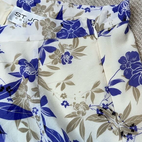 St. John Collection Skirt Size 10 Silk Blend Floral Lined Cream Blue Rare - Picture 10 of 11